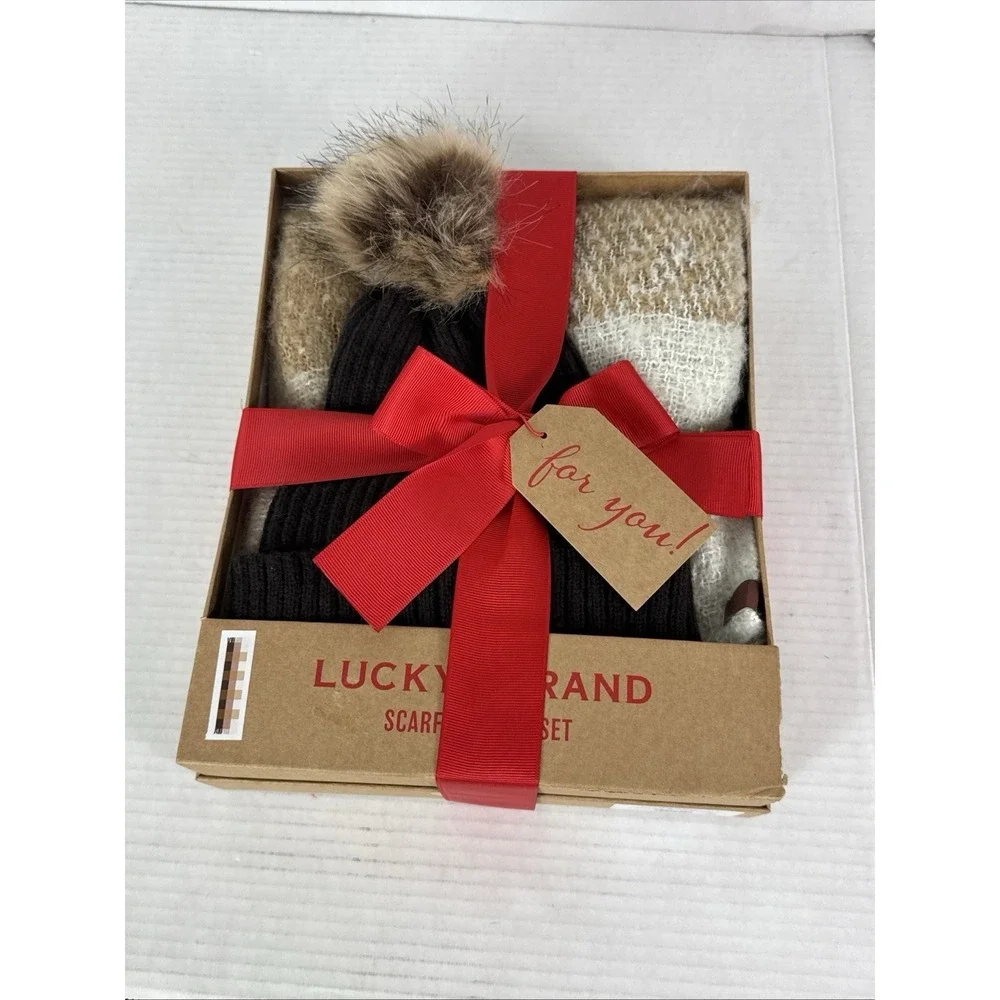 Lucky Brand NEW Damaged Box Hat & Scarf Boxed Gift Set (2) Brown Creme Gray 1406